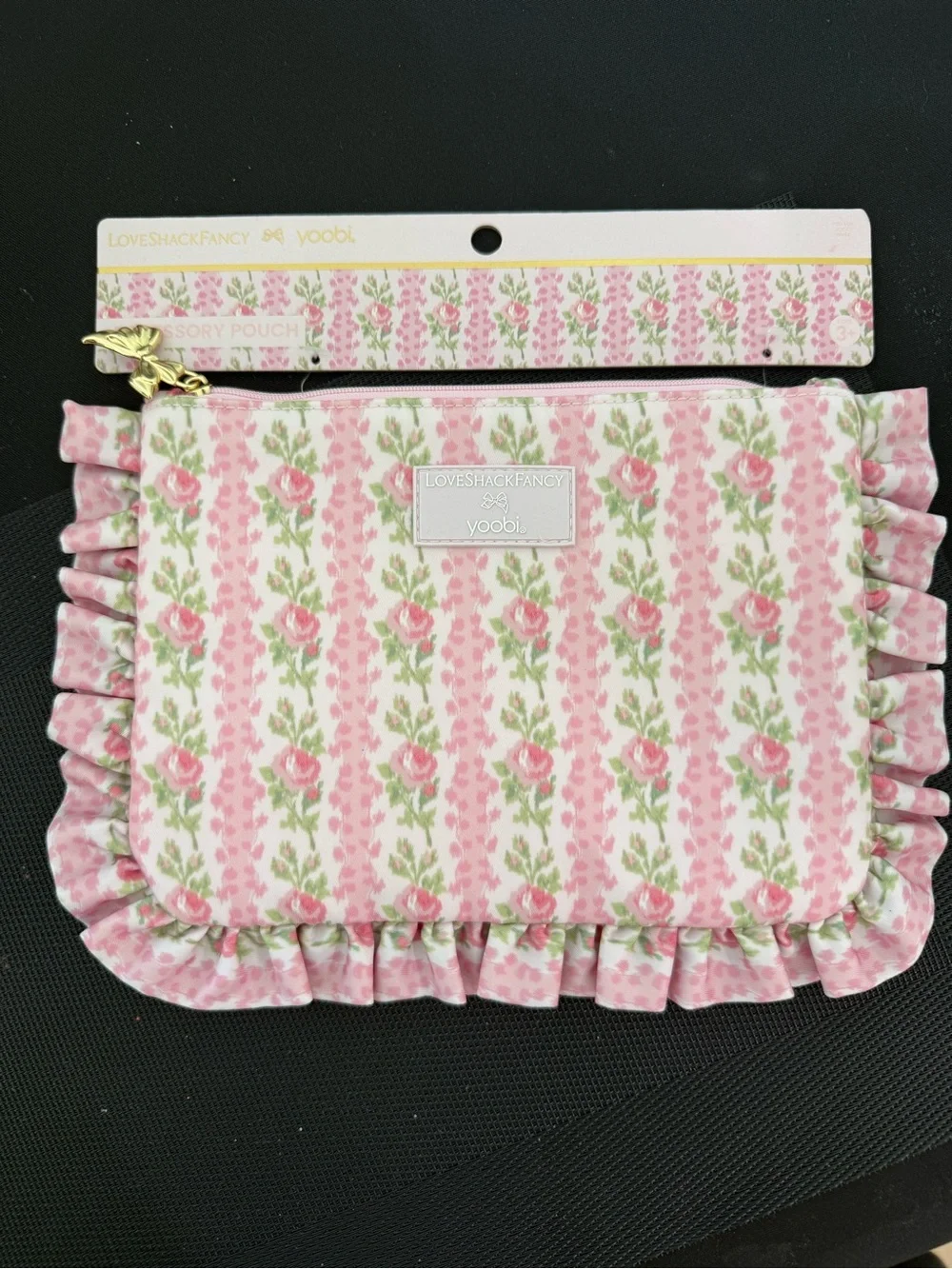 LoveShackFancy Pink Floral Ruffle Zip Pouch